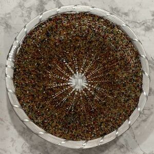 Vintage Wire Beaded Metal Round Basket Woven Multicolor Stained Glass Beads